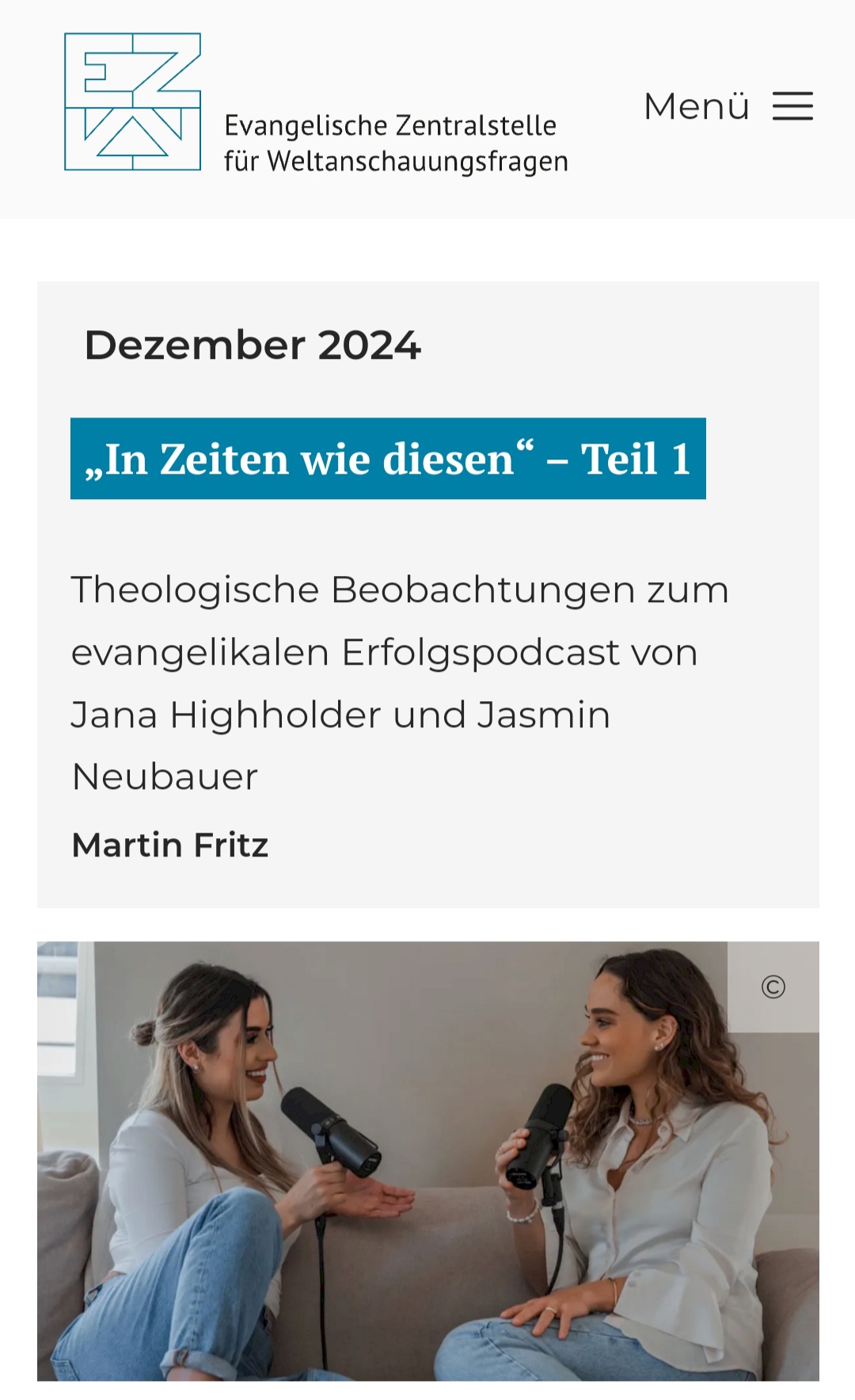 Neuer Beitrag über Christfluencer bei der EZW